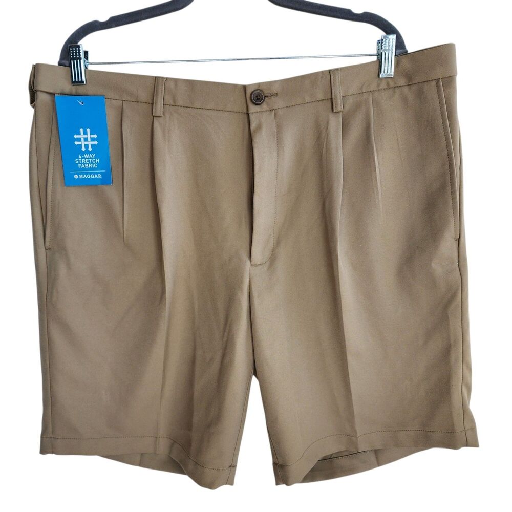Haggar Cool 18 PRO Men's Pleated Shorts 40W Tan Gabardine NWT 4-Way Stretch